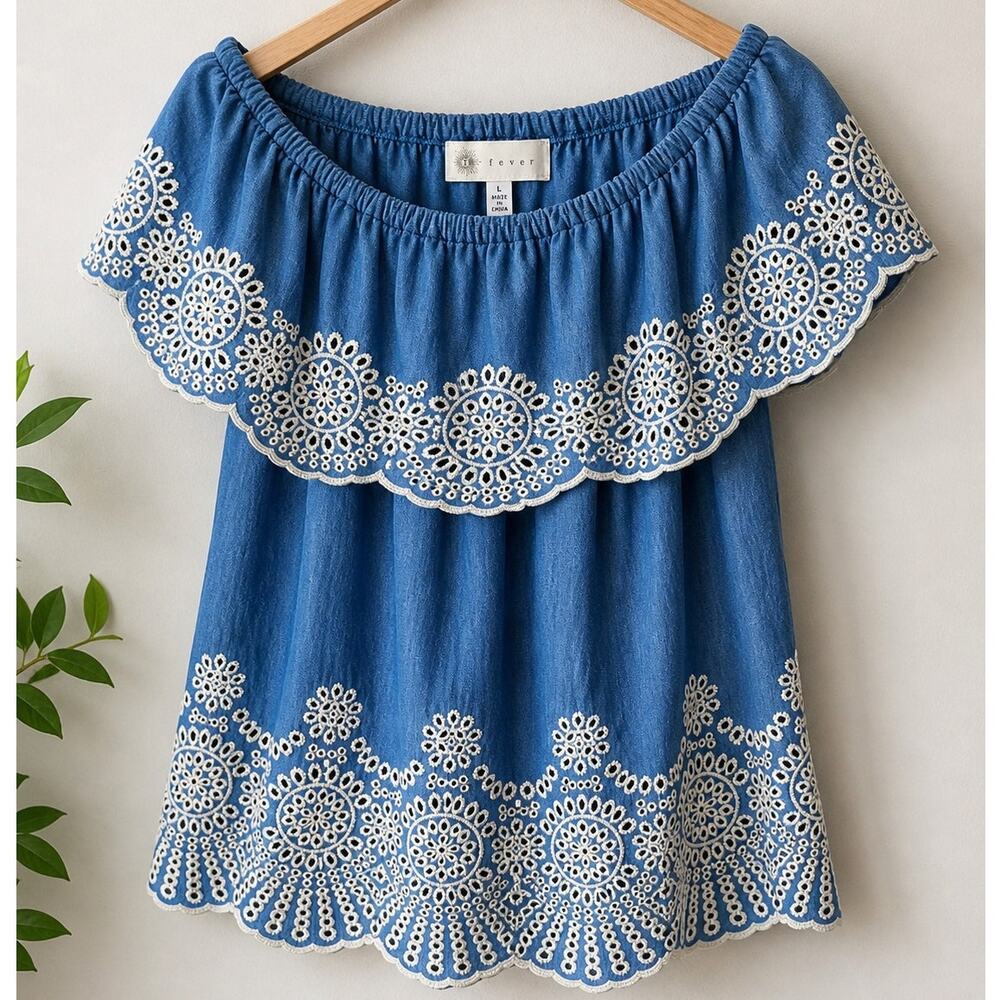 Fever Blue Off Shoulder Embroidered Eyelet Top Boho Peasant Size Large NWOT
